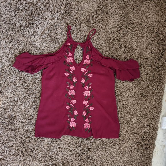 Red Maroon Open Shoulder Top Made in Italy Blue Rain Floral Embroidered Women XS - Picture 4 of 6